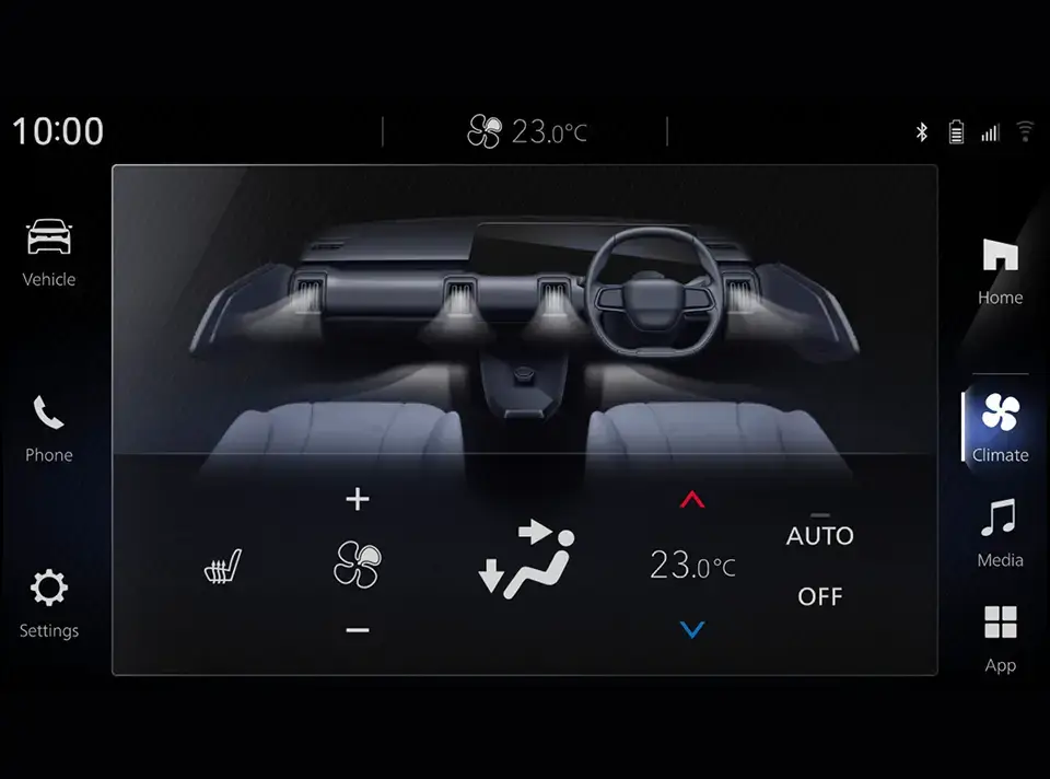 Air conditioning settings are operated directly from the display, enabling adjustment of temperature, airflow direction, and fan speed. The on-screen airflow visualisation helps the driver understand how air is distributed throughout the cabin for balanced and comfortable cooling