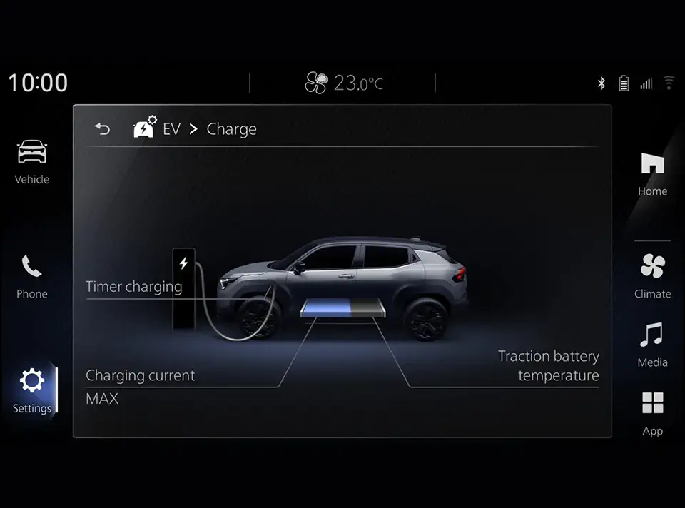 The EV Setting screen provides access to key electric vehicle functions, including charging current adjustment, scheduled charging, and traction battery temperature information. These features support efficient charging management and help maintain optimal battery conditions