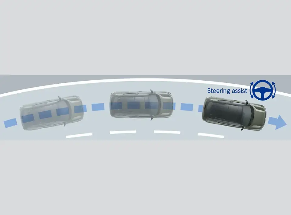 When you have adaptive cruise control activated, LKA helps you keep the e VITARA in the centre of the lane in which you are travelling. And if it senses that you are drawing too close to an adjacent vehicle or other obstacle, LKA provides steering assistance to help maintain a safe distance.