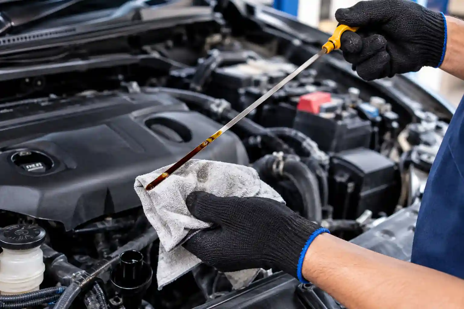 Mekanik memeriksa kondisi oli mesin mobil menggunakan dipstick